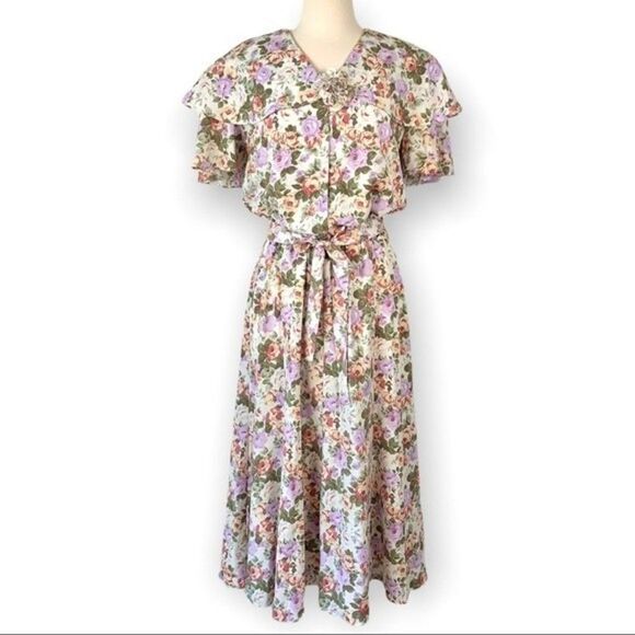 Vintage 80s Plaza South Floral Ruffle Tie Waist Midi Dress - Picture 1 of 6